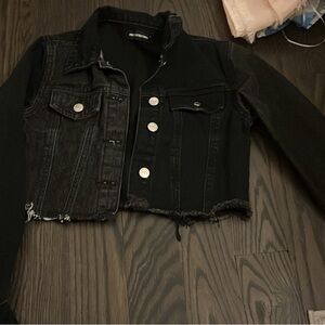 PrettyLittleThing Black Cropped Distressed Denim Jacket